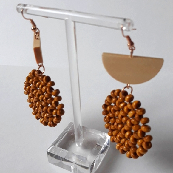 *2 for $15* Wood Bead Geometric Drop Earrings - Picture 3 of 5